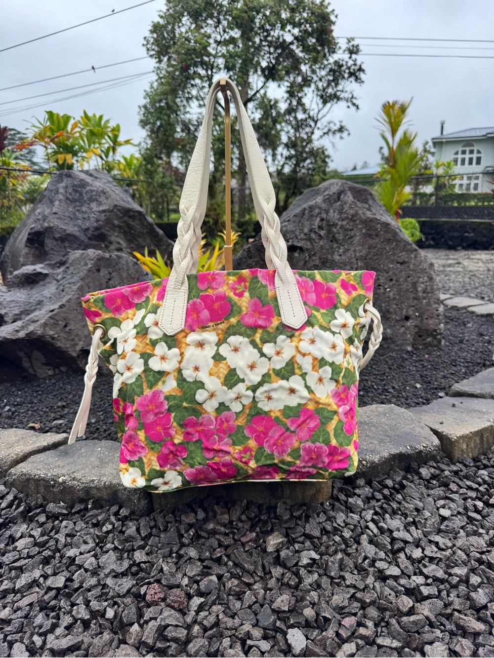 Dooney & Bourke Floral Canvas Tote Bag Braided Leather Handles Tropical Print - Picture 3 of 12